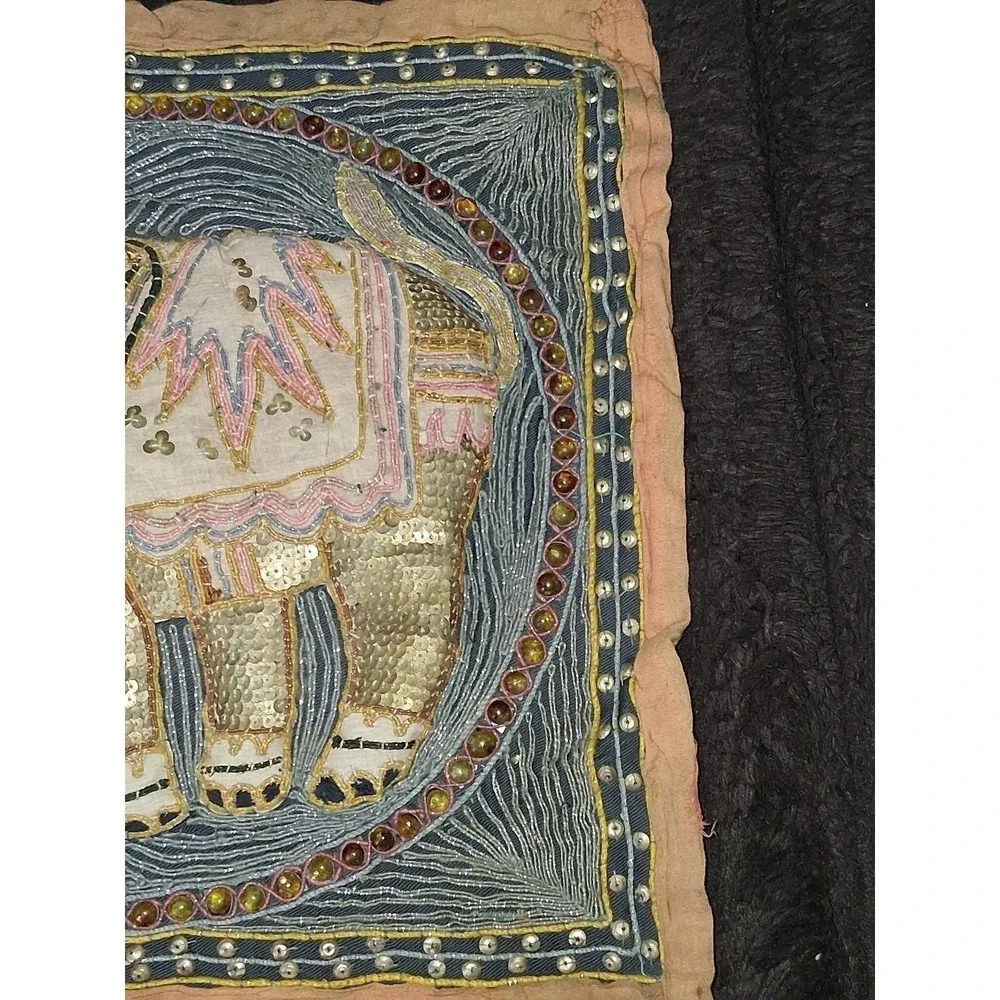 Vintage Handmade Thai Beaded Elephant Wall Hanging Textile 15